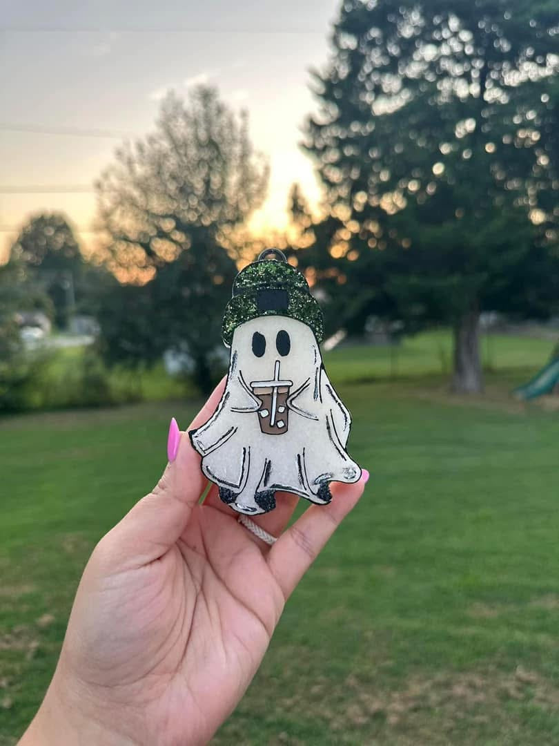 Ghost With Coffee And Beanie Car Freshie