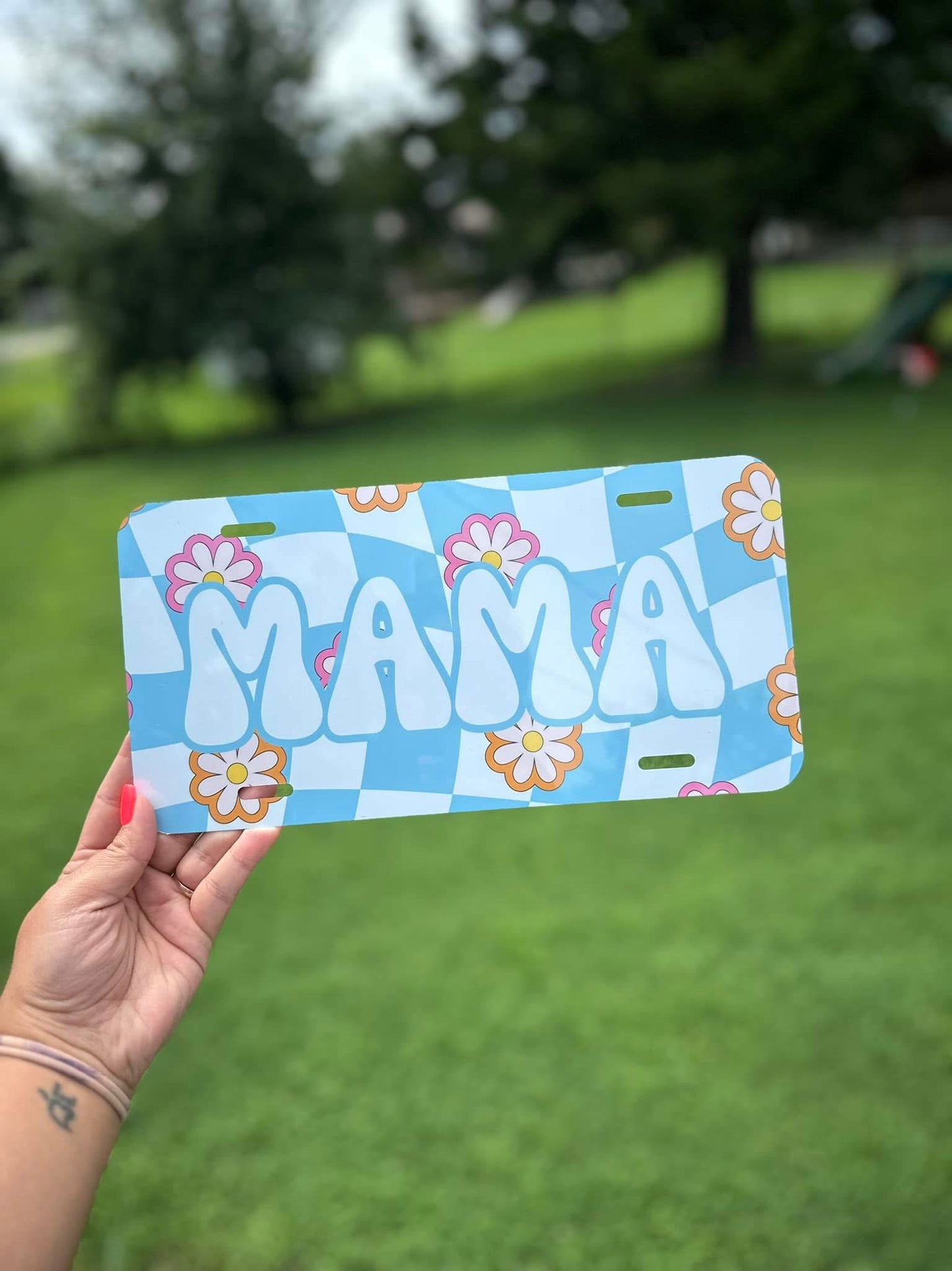 Floral Checkered Mama License Plate