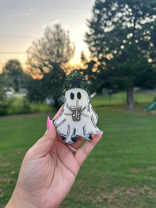 Ghost With Coffee And Beanie Car Freshie
