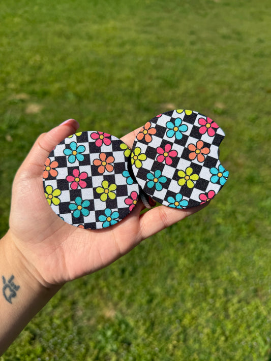 Checkered Floral Neoprene Car Coaster