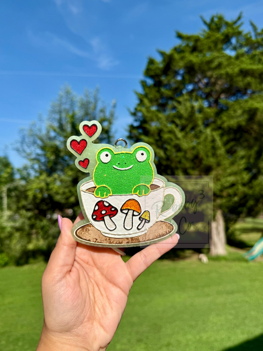 Frog and Mushrooms In Teacup Car Freshie