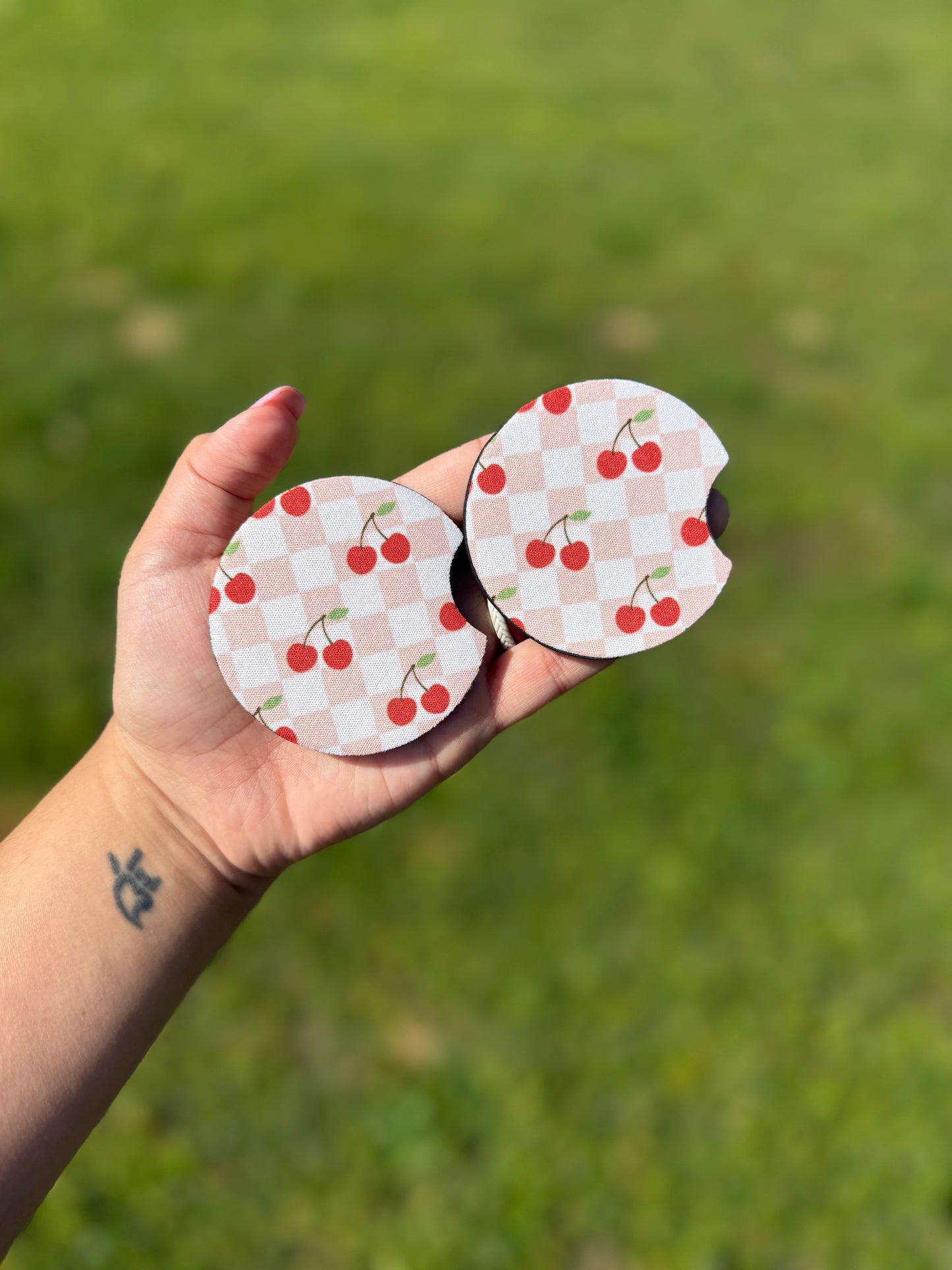 Checkered Cherry Neoprene Car Coaster