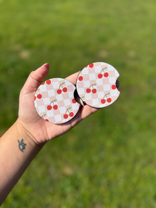 Checkered Cherry Neoprene Car Coaster