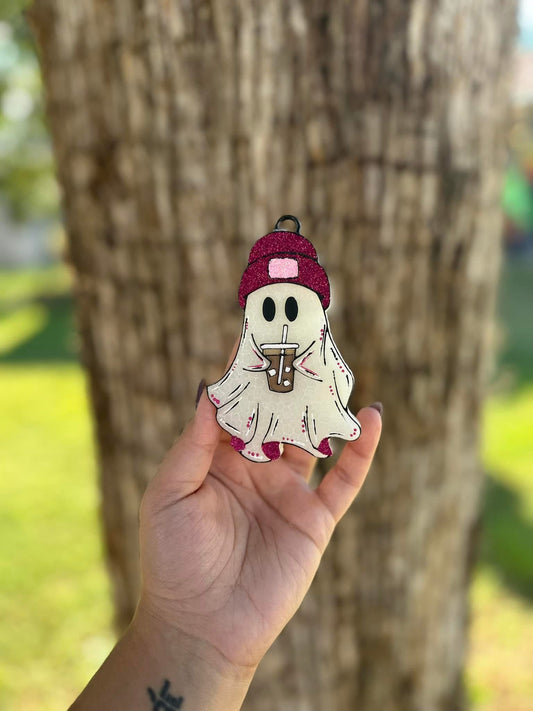 Ghost With Coffee And Beanie Car Freshie