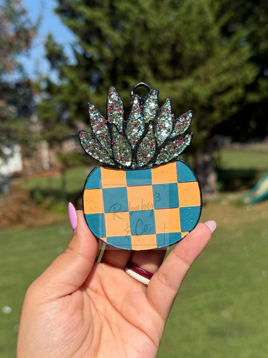 Succulent with Checkered Pot Car Freshie
