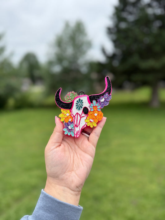Floral Bull Skull Car Freshie