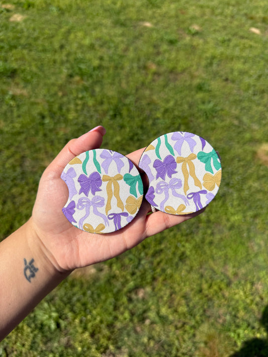 Mardi Gras Color Bow Neoprene Car Coasters