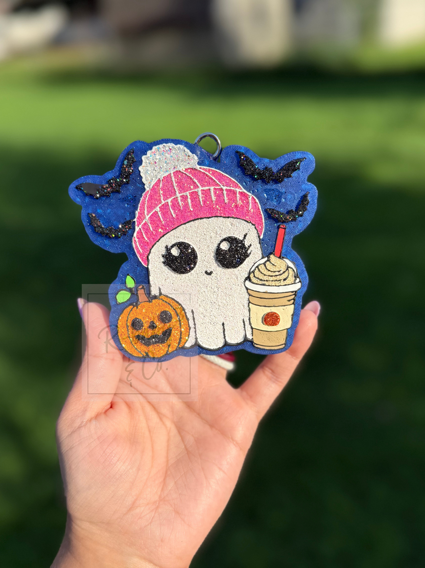 Ghost with pumpkin, coffee, & bats car Freshie